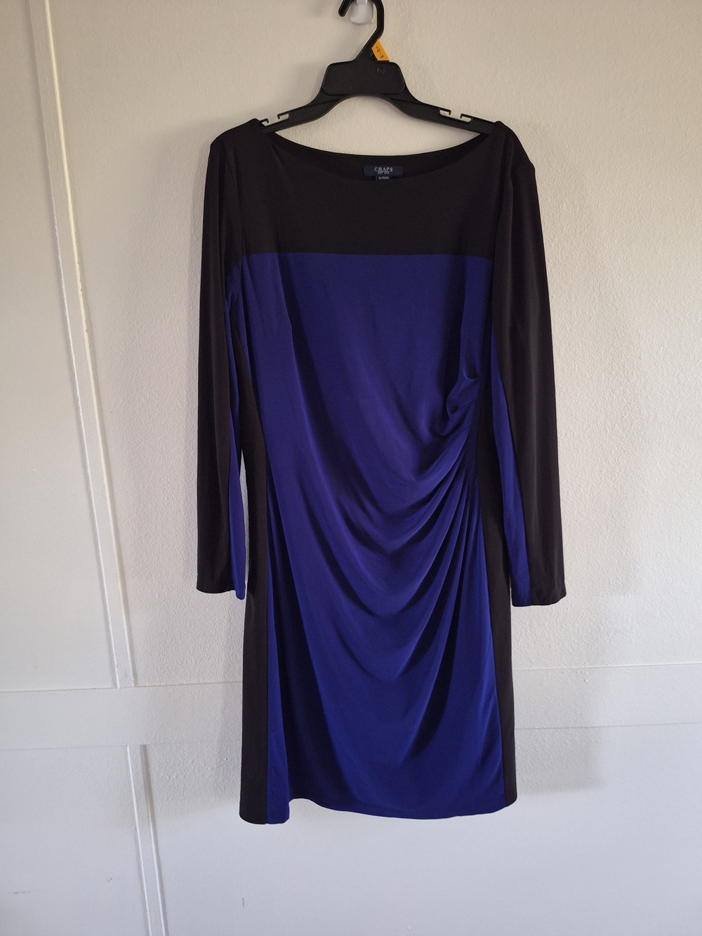 Chaps Black and Royal Blue Long-Sleeve Draped Sheath Dress